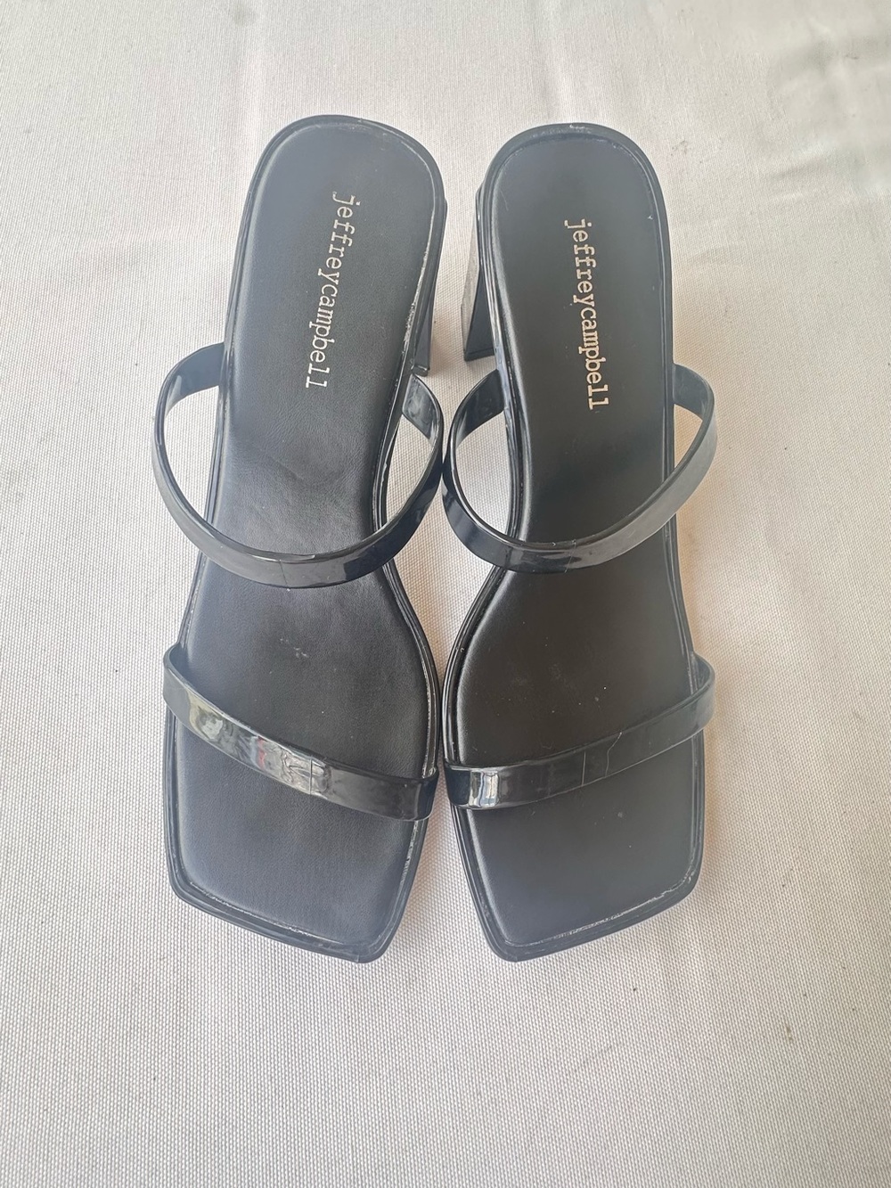 Jeffrey Campbell jamm black jelly slide sandals with a block heel and square S 7